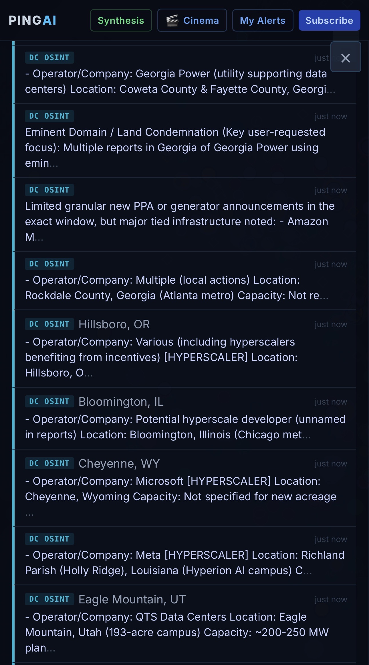 DC OSINT intelligence feed showing live data center alerts