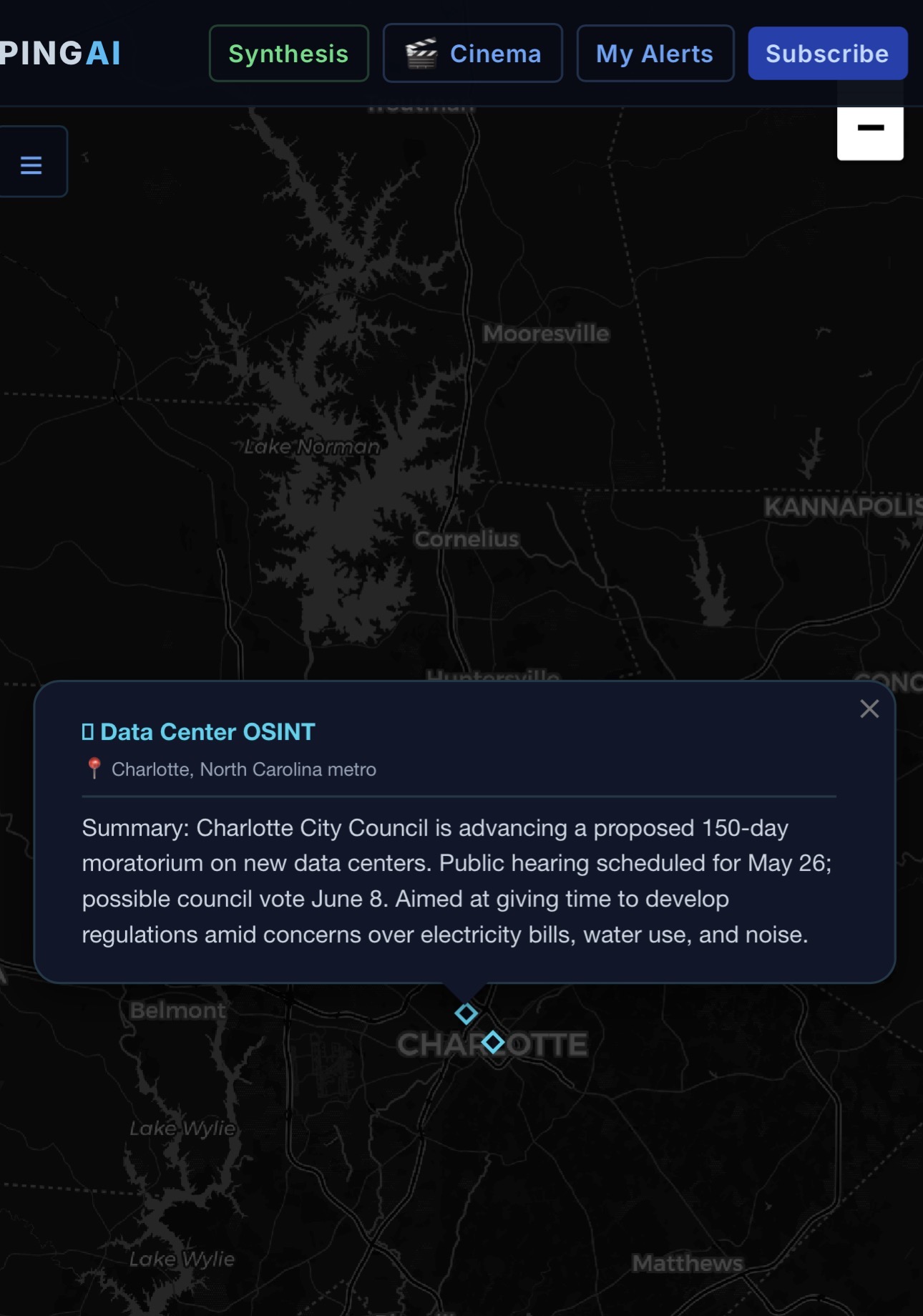 DC OSINT popup showing Charlotte moratorium intelligence