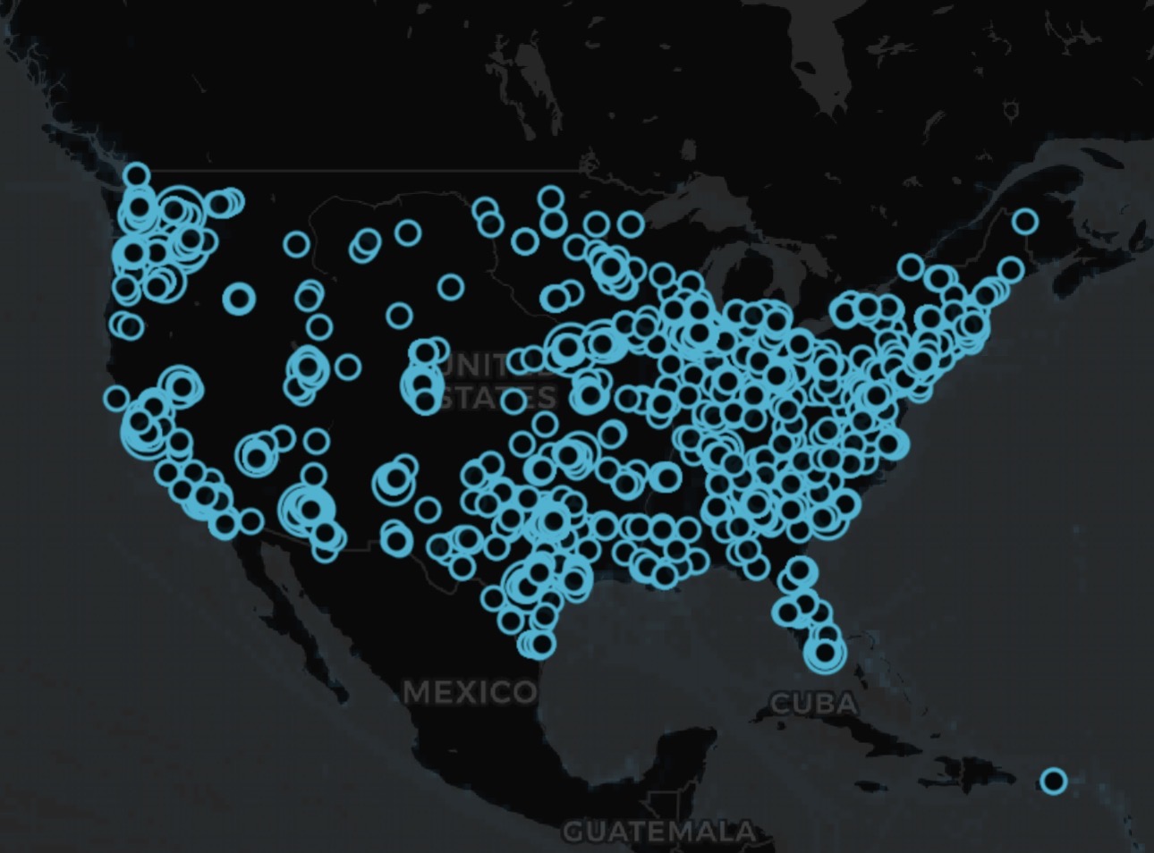 Data center map showing 5,234 facilities across North America