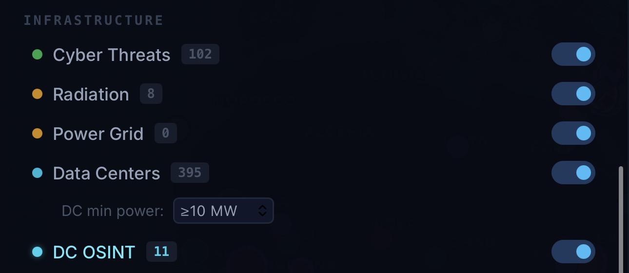 Data center layer controls showing power filter and DC OSINT toggle