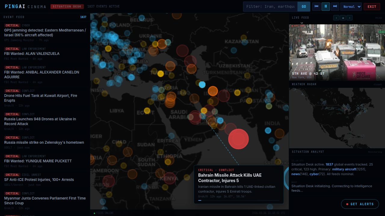 Cinema Mode full dashboard layout — event feed, map, webcam, weather radar, and AI Situation Analyst panels