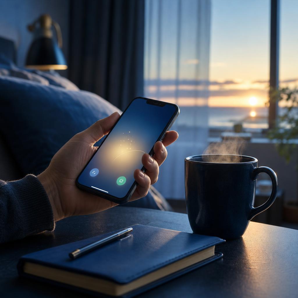 A smartphone beside coffee and a notebook in the soft light of an early morning, ready for a phone conversation