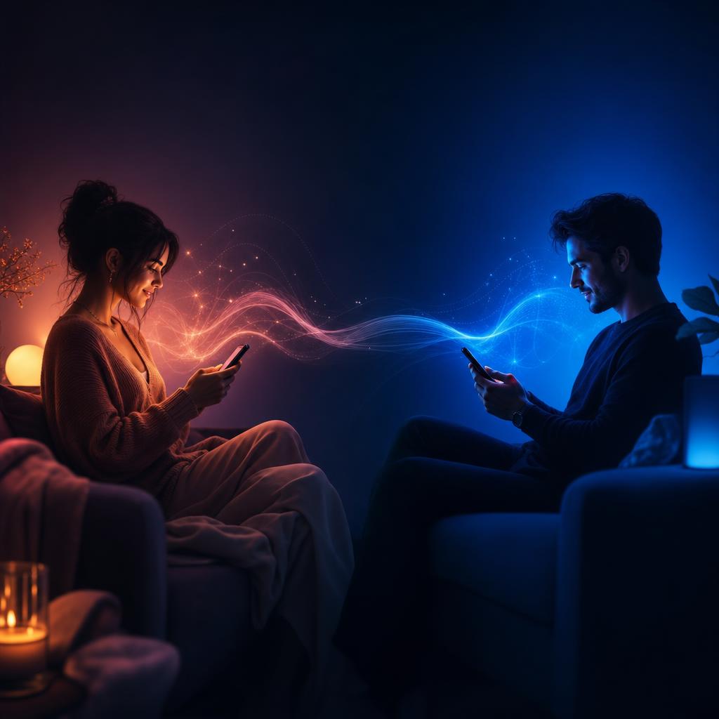 Two warm, distinct phone companion personas represented by feminine and masculine silhouettes in contrasting blue and rose light